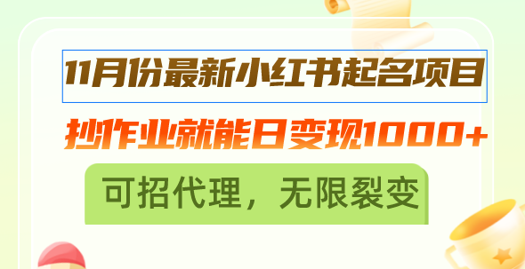 11月份最新小红书起名项目，抄作业就能日变现1000+，可招代理，无限裂变 - 中创网项目