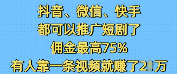 抖音微信快手都可以推广短剧了，佣金最高75%，有人靠一条视频就挣了2W - 冒泡网项目