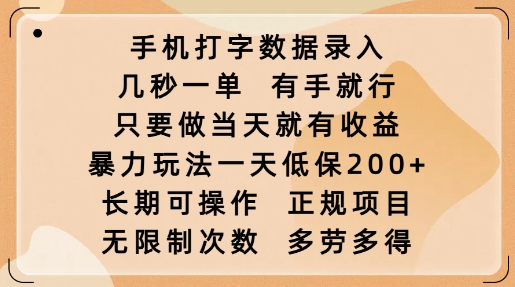 手机打字数据录入，几秒一单，有手就行，只要做当天就有收益，暴力玩法一天低保2张 - 冒泡网项目
