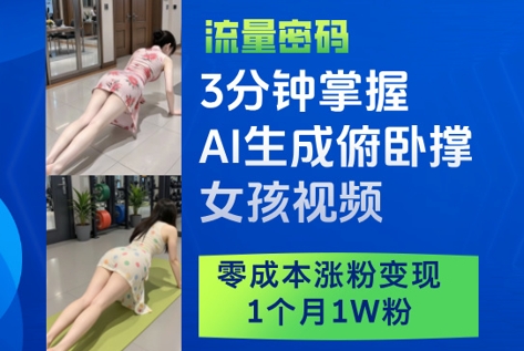 3分钟掌握AI生成俯卧撑女孩视频，零成本涨粉变现，1个月1W粉 - 冒泡网项目
