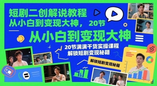 短剧二创解说教程，从小白到变现大神，20节满满干货实操课程，解锁短剧变现秘籍 - 冒泡网项目