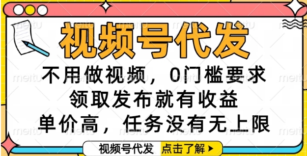 视频号代发，不用做视频，0门槛要求，领取发布就有收益，单价高，任务没有无上限 - 冒泡网项目