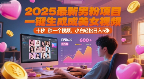 2025最新男粉项目，一键生成美女视频，日引600+色粉 十秒一个视频，小白轻松日入5张 - 冒泡网项目