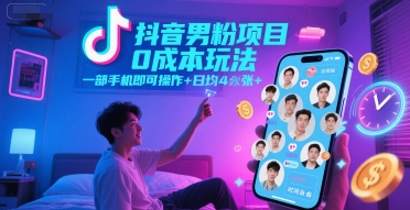 抖音男粉项目0成本玩法，一部手机即可操作，日均4张+，时间自由 - 冒泡网项目