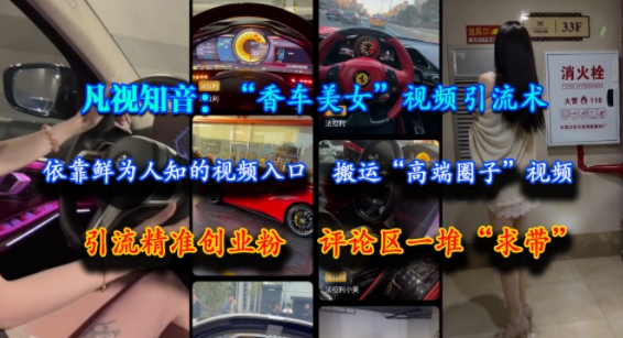 凡视知音：“香车美女”视频引流术，依靠鲜为人知的视频入口，搬运“高端圈子”视频，引流精准创业粉，评论区一堆“求带” - 冒泡网项目